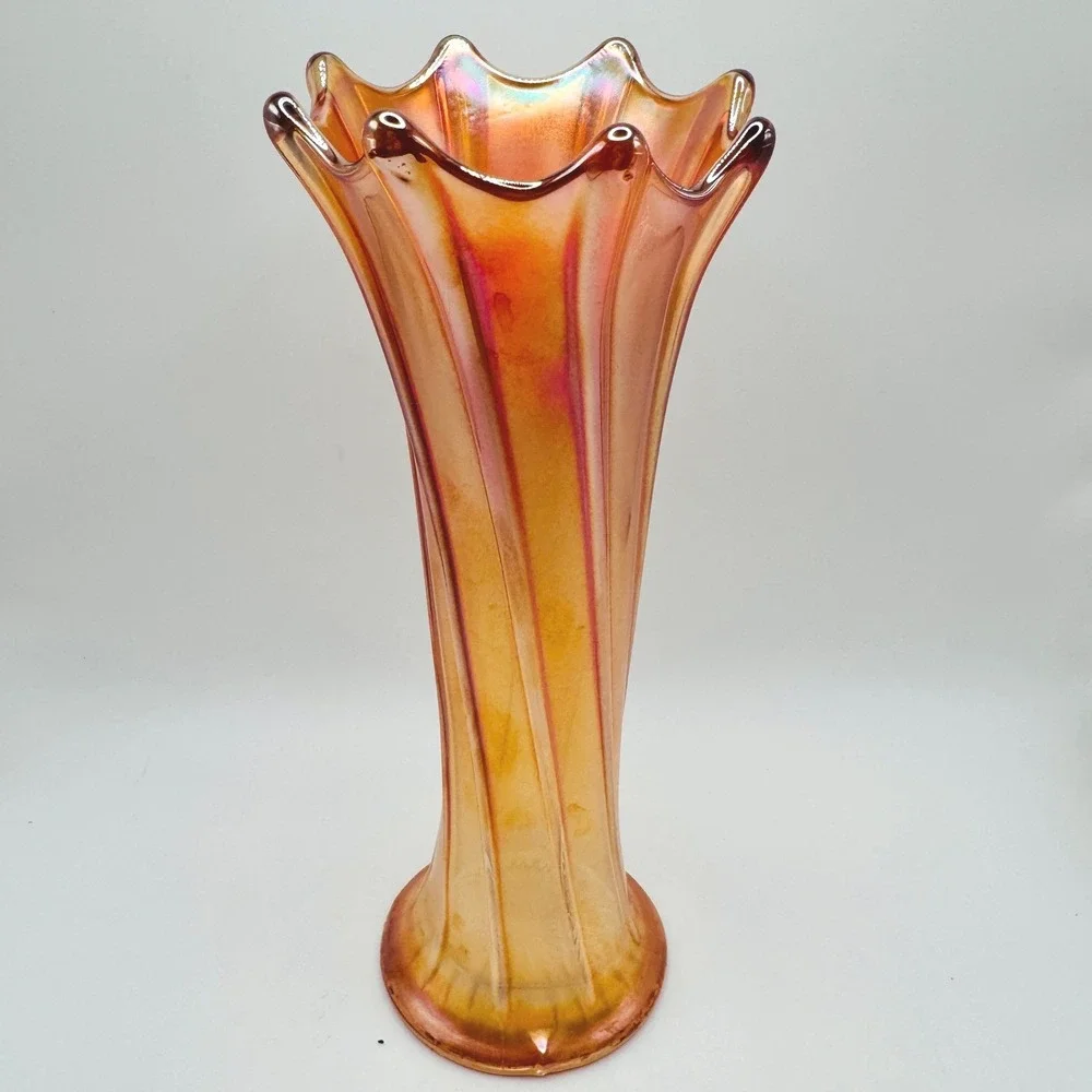 Antique Northwood Thin Rib Marigold Carnival Glass Vase Ruffled Rim c1910